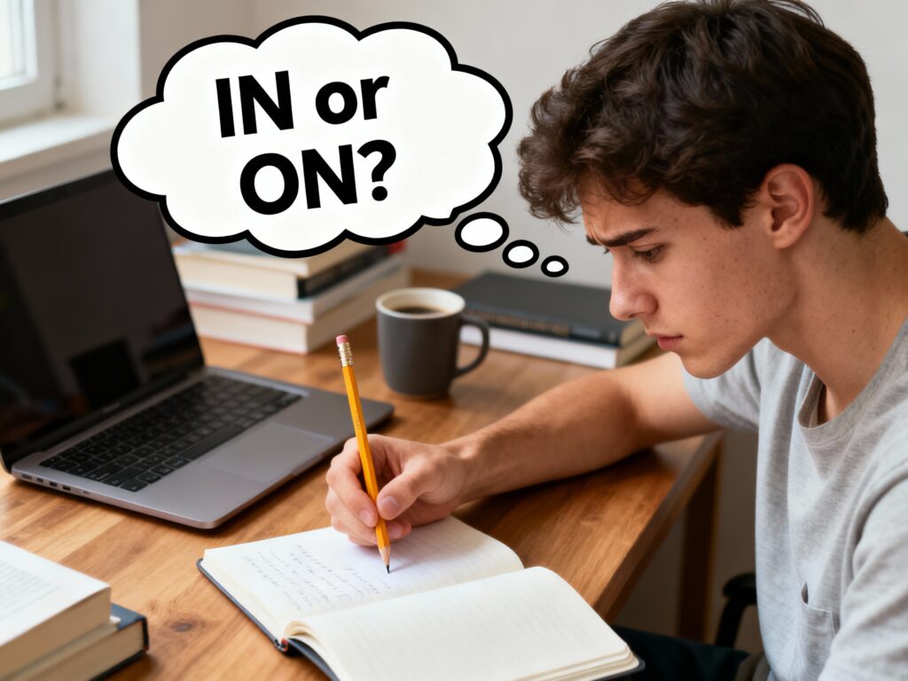 Realistic image of student studying English grammar, contemplating preposition choice - in or on?
