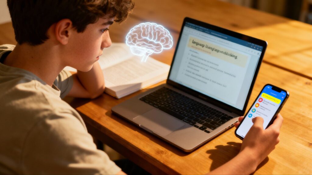 Young person studying with laptop while holding a smartphone with notifications, with a glowing brain illustration in the background representing cognitive distraction and digital dementia affecting language learning