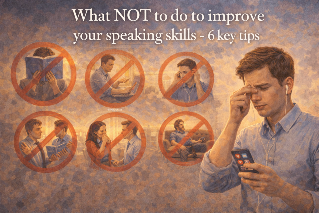What not to do to improve your English speaking skills - 6 speaking mistakes icons