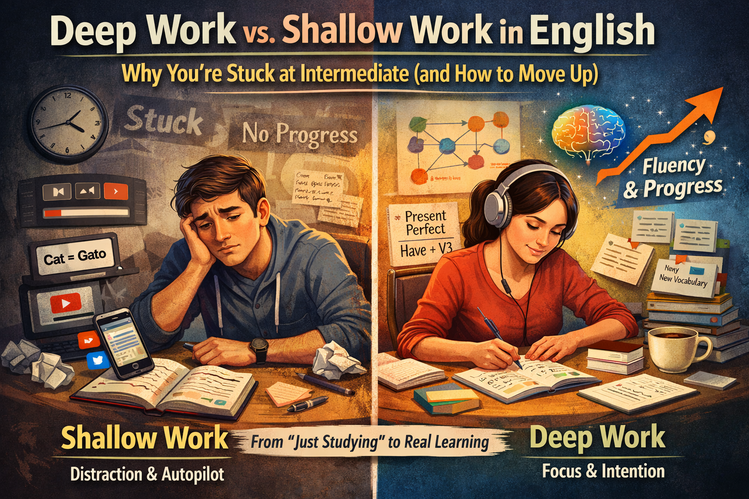Deep Work vs. Shallow Work in English: Why You’re Stuck at Intermediate (and How to Move Up)