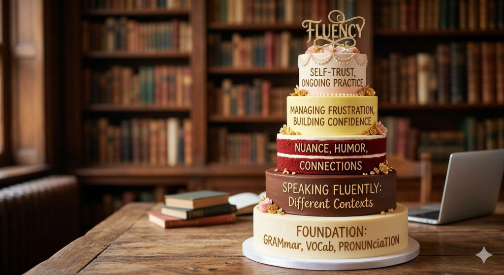 Finished my English course but I don't feel fluent yet. Think of your English journey as a wedding cake