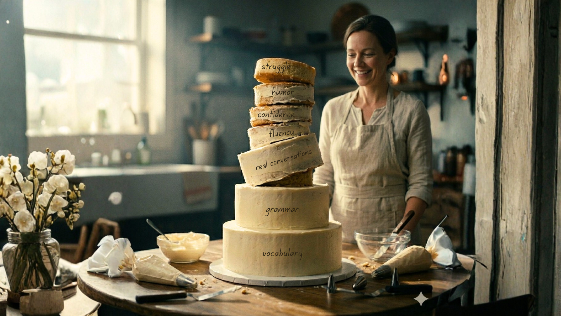 Finished my English course but I don't feel fluent yet. Think of your English journey as a wedding cake