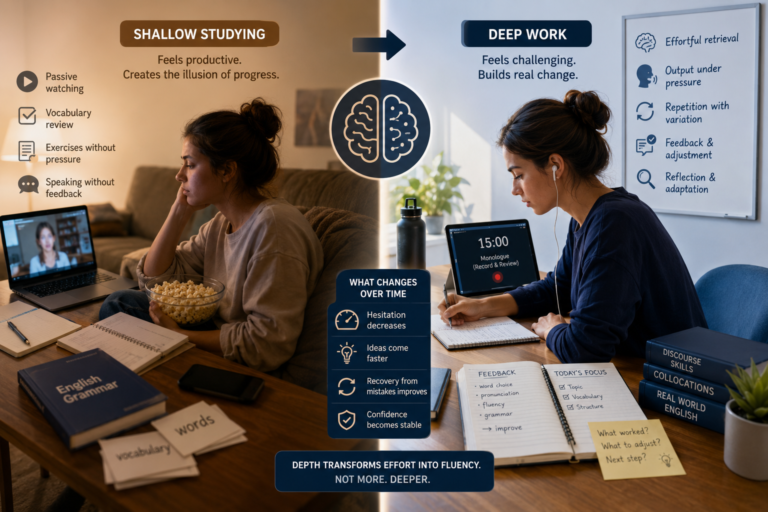 Comparação entre deep work e shallow studying para quem aprende inglês