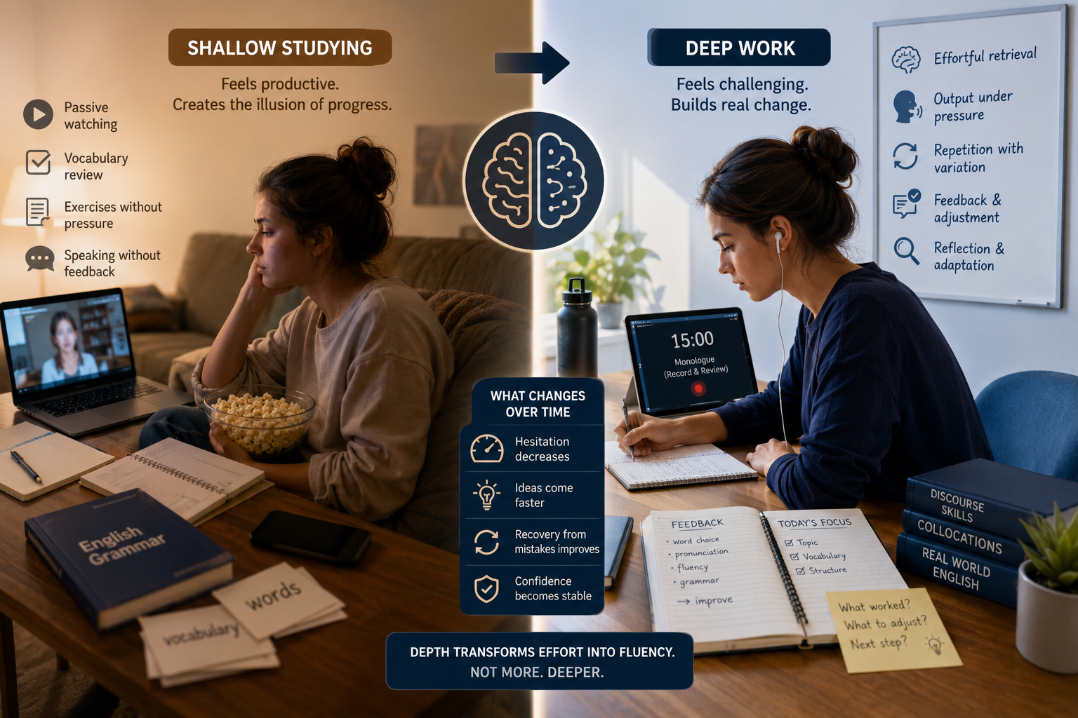 Comparação entre deep work e shallow studying para quem aprende inglês