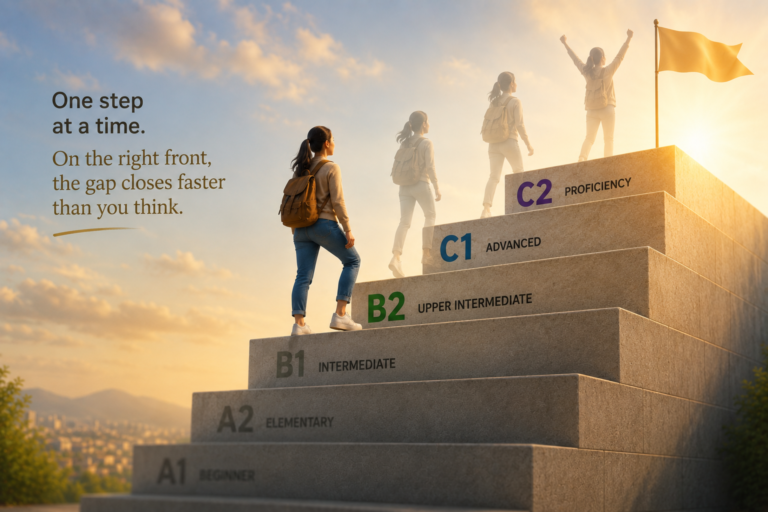 From B2 to C2: The Complete Guide to Breaking Past Intermediate and Reaching Advanced Fluency 4 Staircase of English levels from A1 to C2, with a learner climbing toward advanced English.